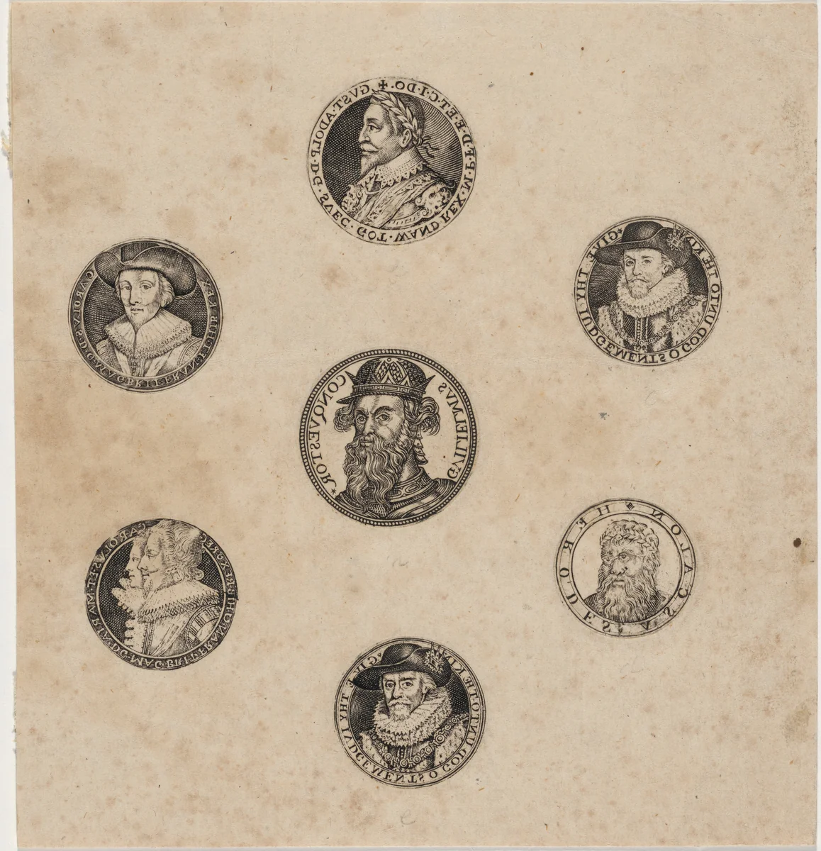 Sheet of Seven Roundels with Portraits by Simon van de Passe, print, 1595-1647