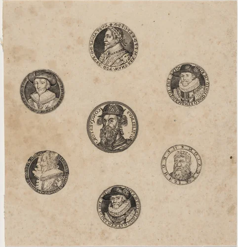Sheet of Seven Roundels with Portraits by Simon van de Passe, print, 1595-1647