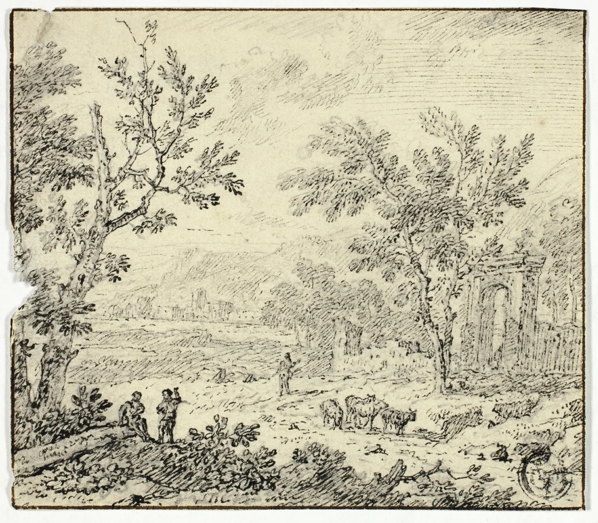 Landscape with Goats, Goatherd and Ruins by Jan van Huysum, drawing, 1702-1749