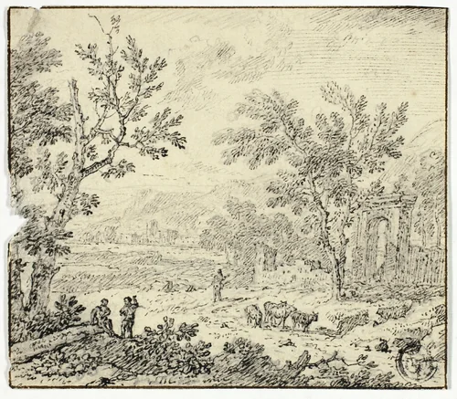 Landscape with Goats, Goatherd and Ruins by Jan van Huysum, drawing, 1702-1749