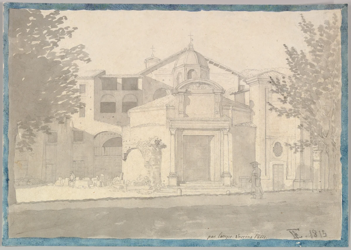 A Section of the Via Sacra, Rome (The Church of Saints Cosmas and Damian) by Christoffer Wilhelm Eckersberg, drawing, 1814-1815