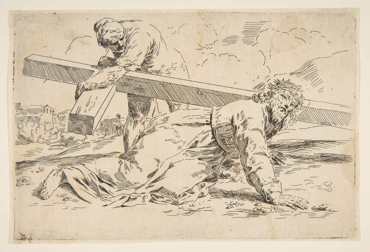 Christ bearing the cross on his back, copy after Cantarini by Simone Cantarini, print, 1632-1642
