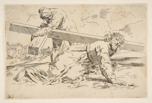 Christ bearing the cross on his back, copy after Cantarini by Simone Cantarini, print, 1632-1642