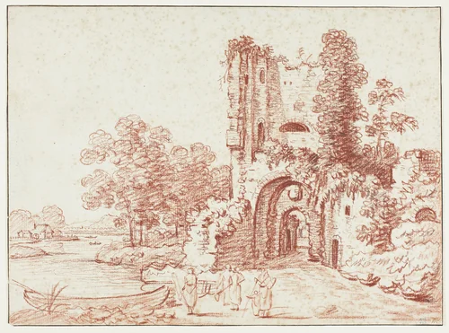 Landscape with Ruined Tower by Pierre Alexandre Wille, drawing, 1700-1799