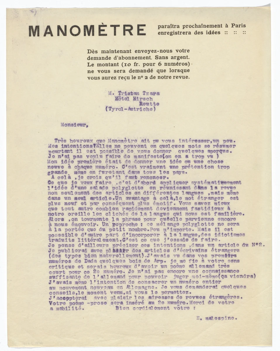 Manomètre letterhead (Letter from E. Malespine to Tristan Tzara) by Unidentified Designer, design, 1921