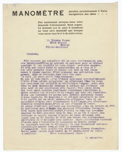 Manomètre letterhead (Letter from E. Malespine to Tristan Tzara) by Unidentified Designer, design, 1921