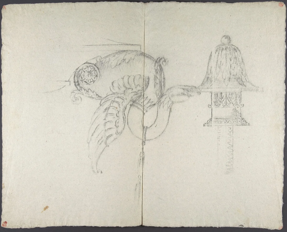 Design for a chandelier: detail of a swan holding a candlestick by anonymous, drawing, 1800-1850