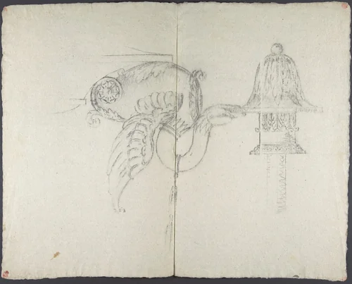 Design for a chandelier: detail of a swan holding a candlestick by anonymous, drawing, 1800-1850