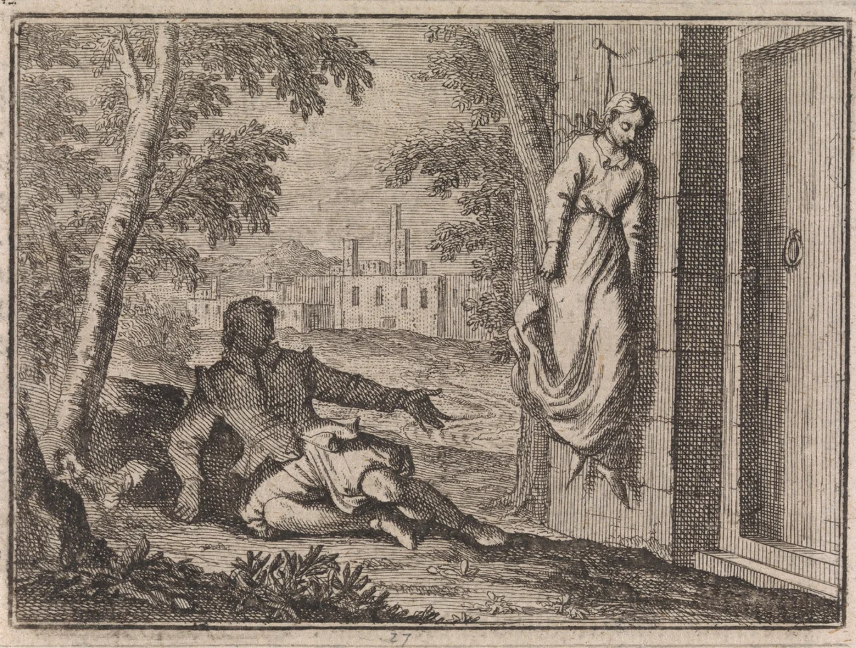 Vrouw heeft zichzelf verhangen nadat haar relatie verbroken werd by Caspar Luyken, print, 1710