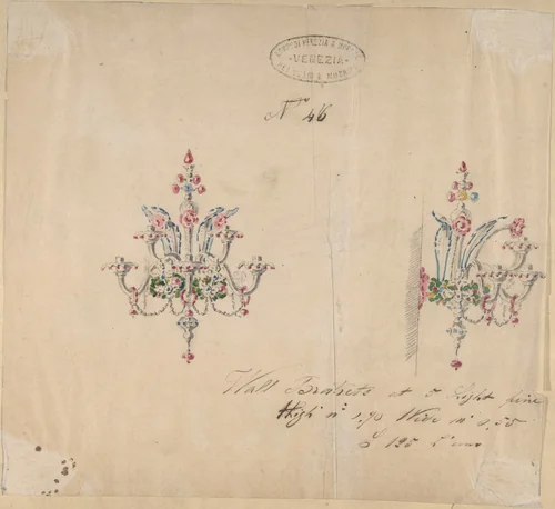 One of Twenty-Three Sheets of Drawings of Glassware (Mirrors, Chandeliers, Goblets, etc.) by Compagnia di Venezia e Murano, drawing, 1850-1880