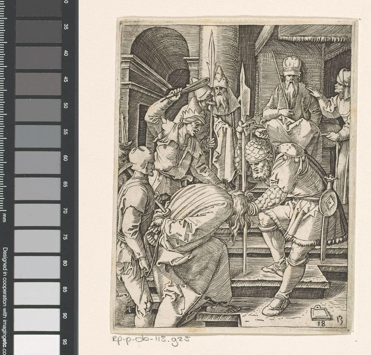 Christus voor Annas geleid by Marcantonio Raimondi, print, 1511-1534