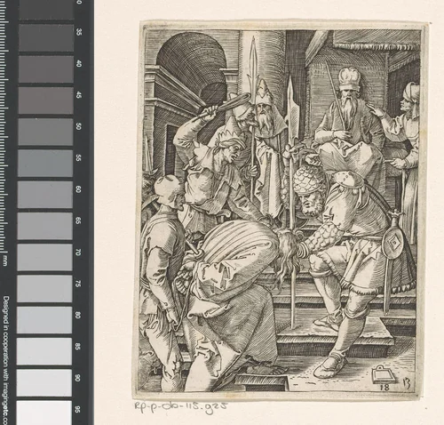 Christus voor Annas geleid by Marcantonio Raimondi, print, 1511-1534