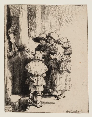 Beggars Receiving Alms at the Door of a House by Rembrandt van Rijn, print, 1648