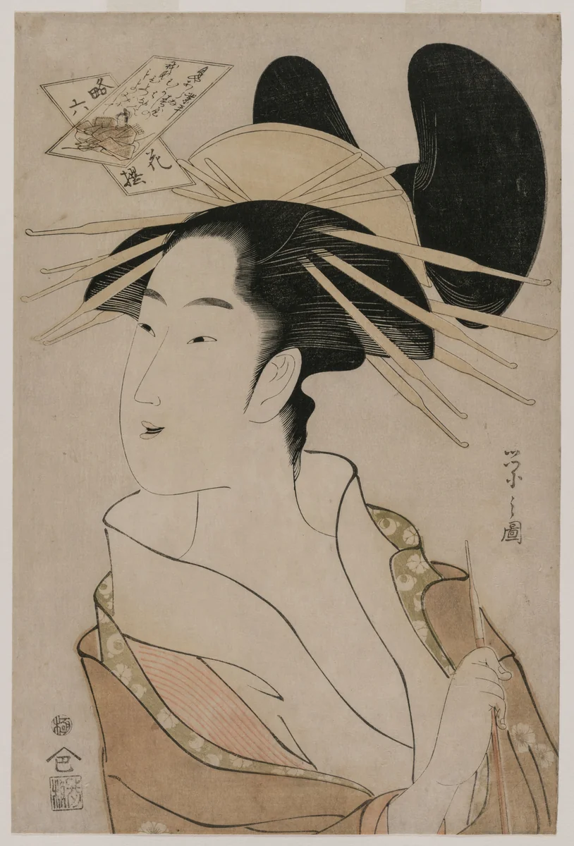 Portrait of a Courtesan Holding a Pipe (from the series The Six Immortal Poets in Modern Dress) by Chōbunsai Eishi (鳥文斎栄之), print, 1790-1799