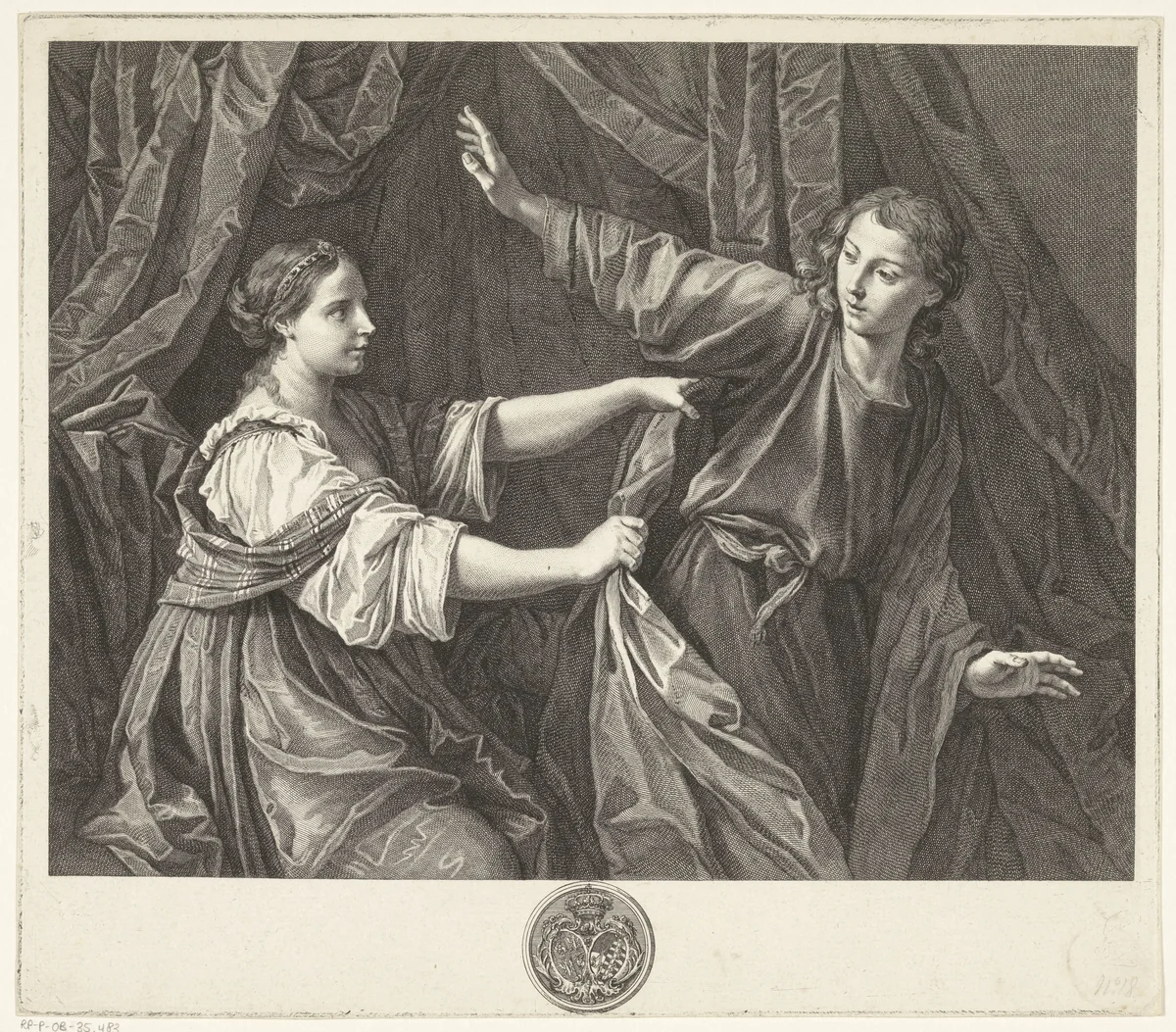 Jozef en de vrouw van Potifar by Giuseppe Camerata, print, 1728-1803