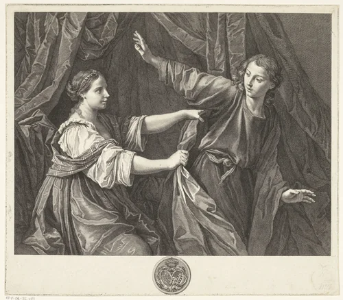Jozef en de vrouw van Potifar by Giuseppe Camerata, print, 1728-1803