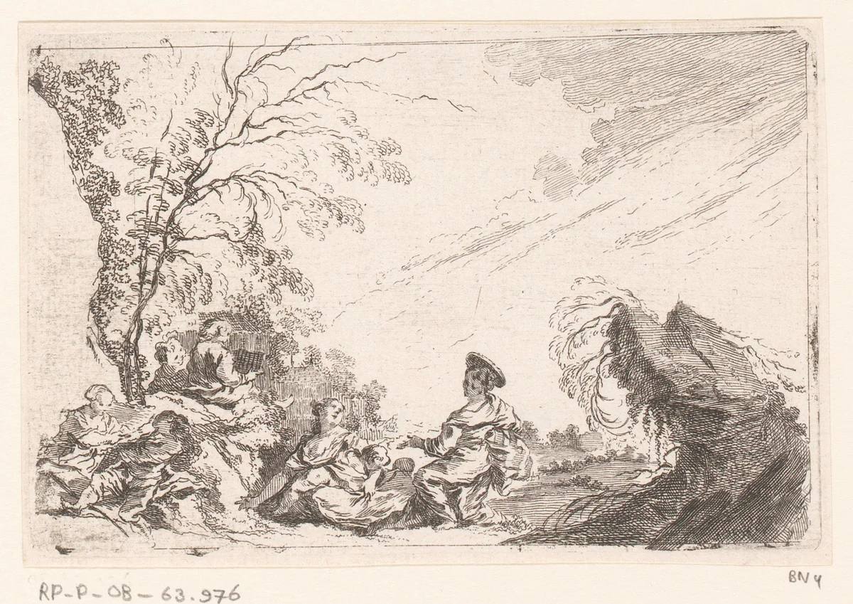 Landschap met rustende personen by Jacques-Philippe Le Bas, print, 1736