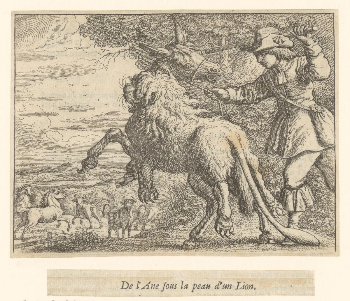 Fabel van de ezel in de leeuwenhuid by Francis Barlow, print, 1714