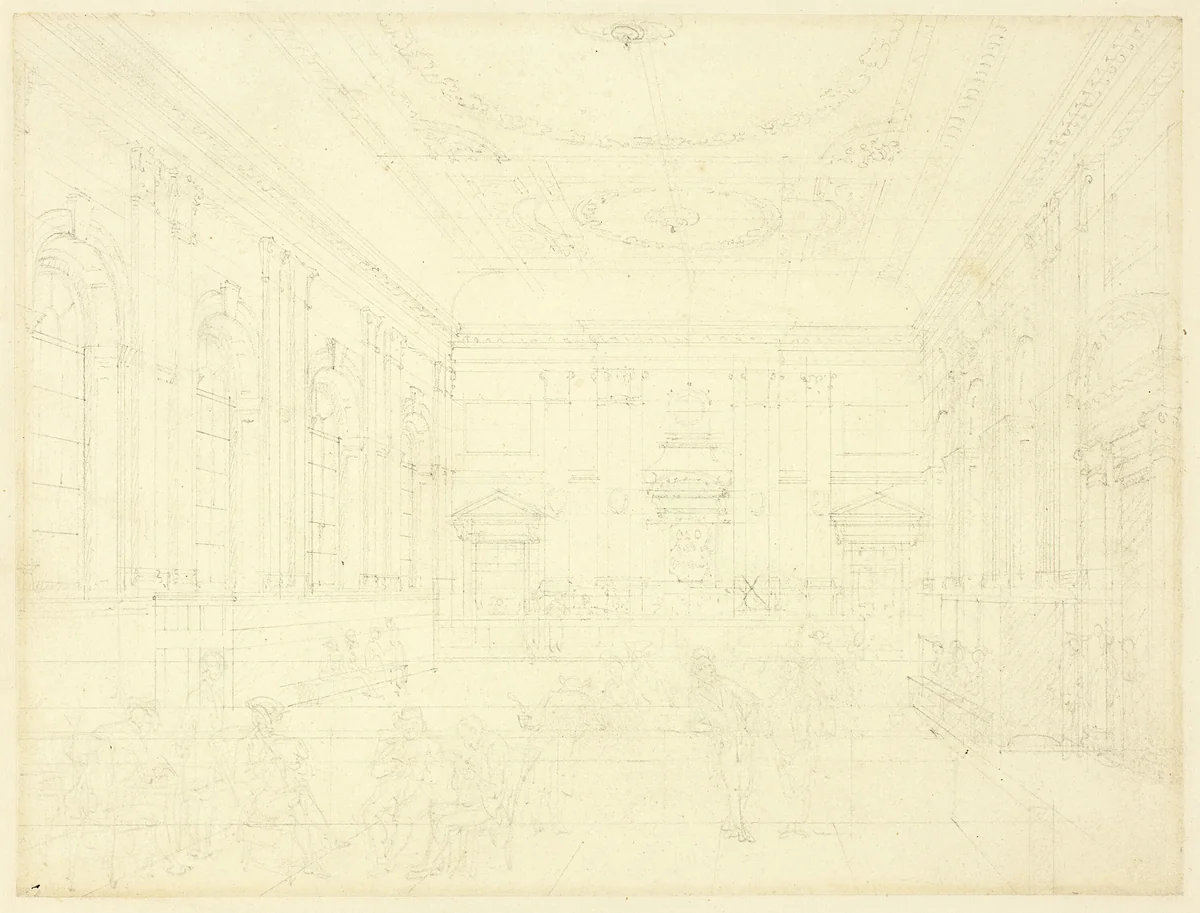 Study for South Sea House, Dividend Hall, from Microcosm of London by Augustus Charles Pugin
Thomas Rowlandson, drawing, 1807-1810