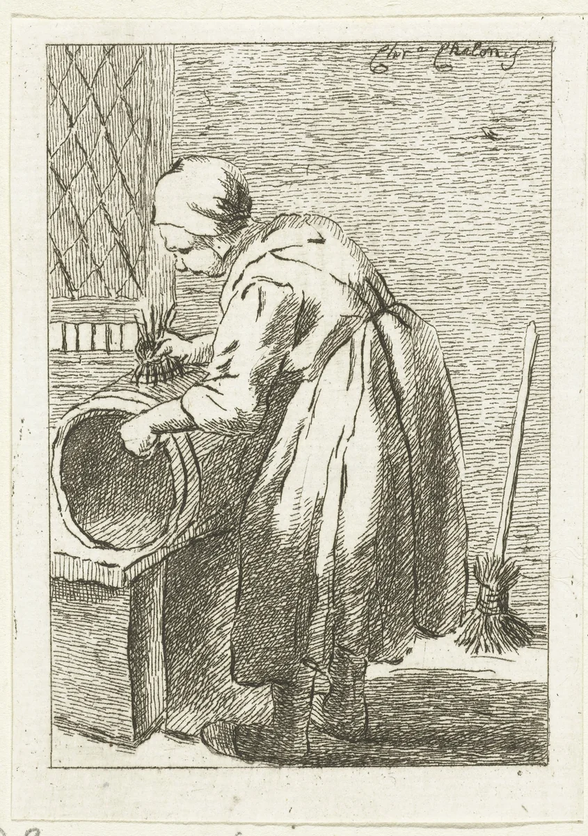 Boenende vrouw by Pieter de Mare, print, 1779