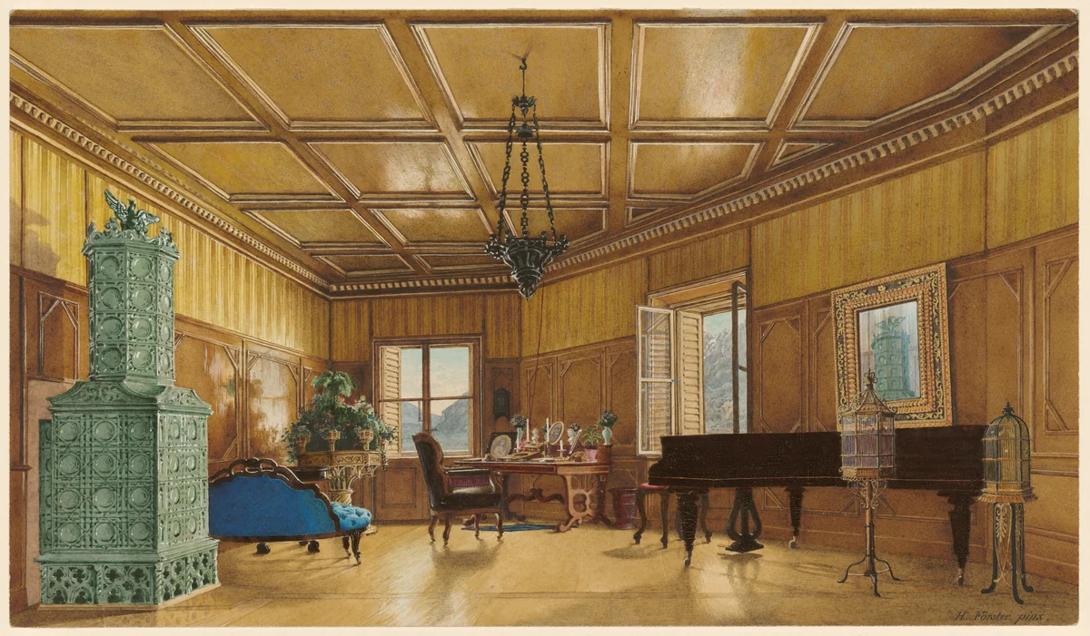 The Music Room of Archduchess Margarete, Princess of Saxony, in Schloss Ambras by Heinrich von Förster, drawing, 1870-1879