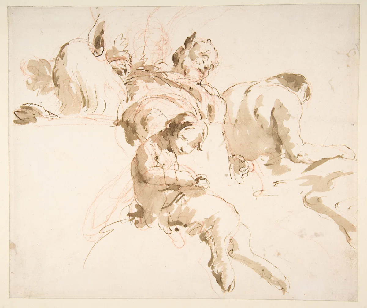 Two Seated Satyrs and a Child Satyr by Giovanni Battista Tiepolo, drawing, 1696-1770