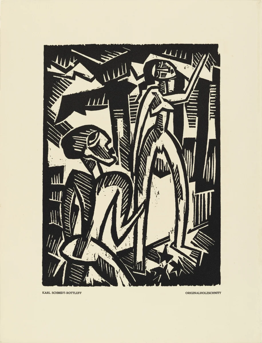 Couple (Menschenpaar) (plate, preceding p. 33) from the periodical Das Kunstblatt, vol. 2, no. 2 (Feb 1918) by Karl Schmidt-Rottluff, print, 1918