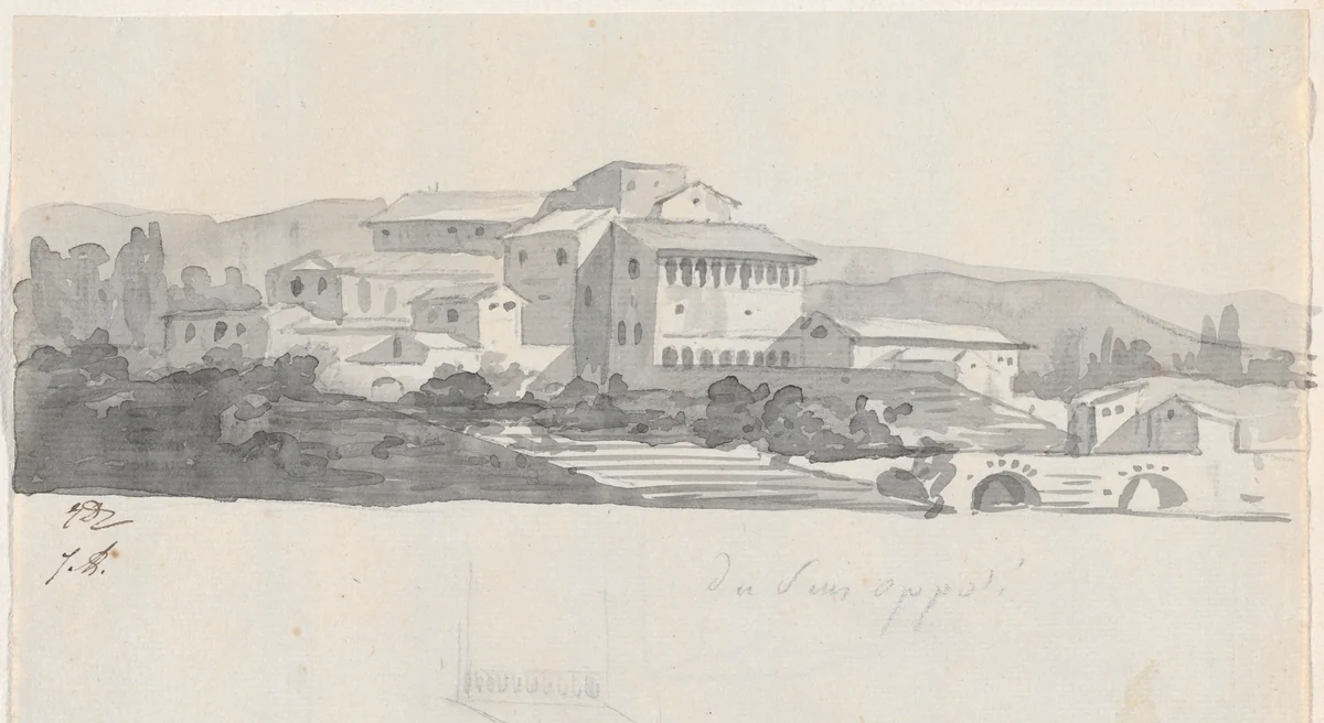 Roman Buildings on a Hill by Jacques-Louis David, drawing, 1775-1780