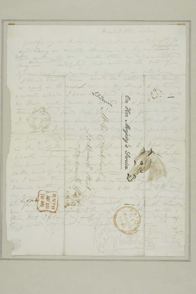 Untitled (Cruikshank letter with sketches of horse head) by George Cruikshank, other, 1812-1878