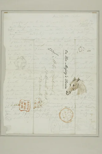 Untitled (Cruikshank letter with sketches of horse head) by George Cruikshank, other, 1812-1878