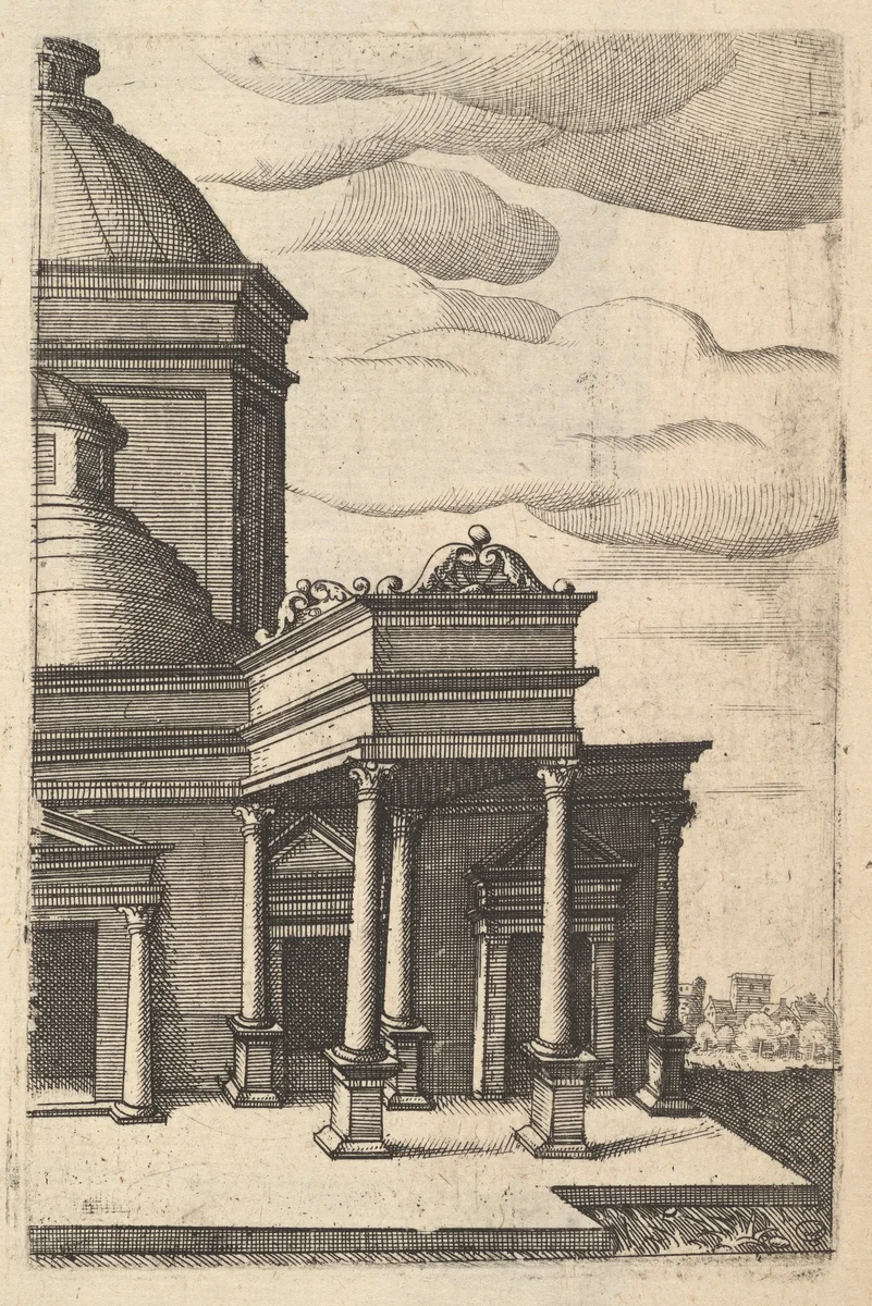 Partial view of a Building [Templum Veneris] from the series 'Ruinarum variarum fabricarum delineationes pictoribus caeterisque id genus artificibus multum utiles' by Lambert Suavius, book, 1554