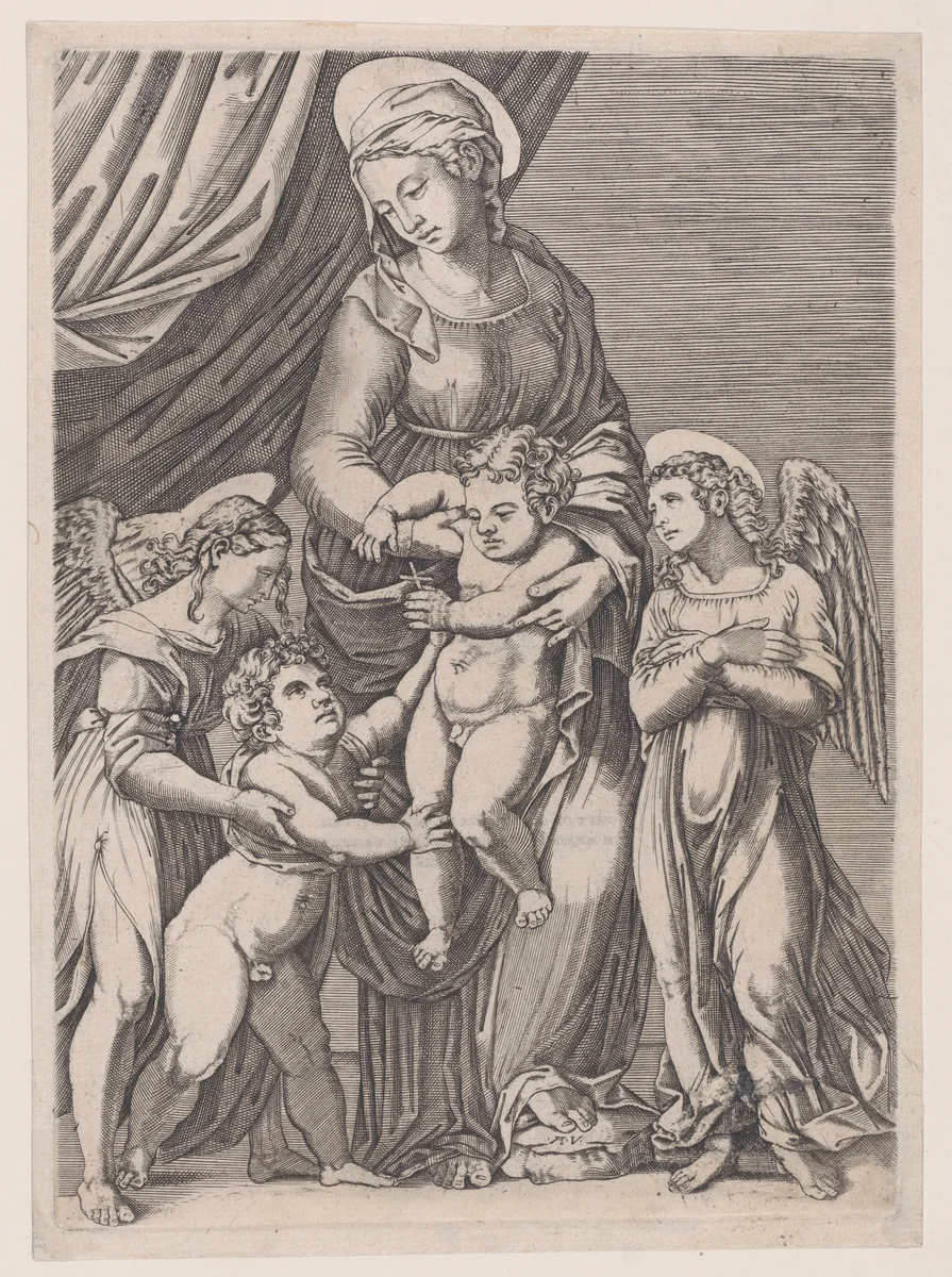 The Virgin, the Infant Christ, Infant Saint John, and Two Angels by Agostino Veneziano, print, 1514-1536