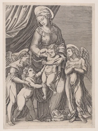 The Virgin, the Infant Christ, Infant Saint John, and Two Angels by Agostino Veneziano, print, 1514-1536