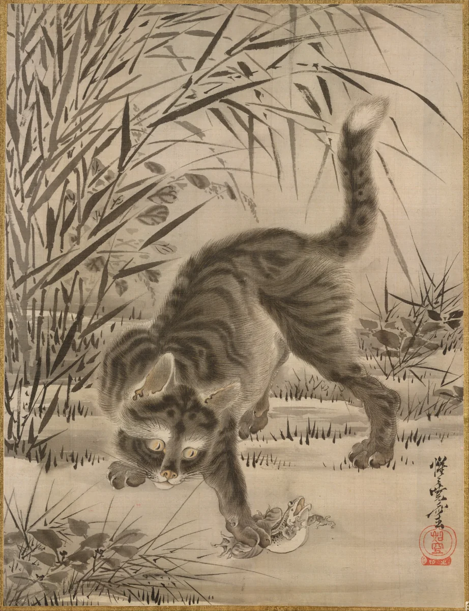 Cat Catching a Frog by Kawanabe Kyōsai (河鍋暁斎), painting, 1877-1897