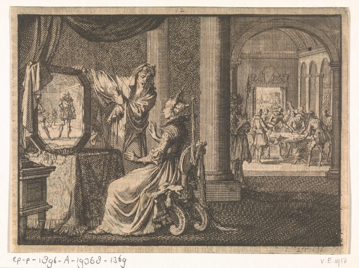 Italiaanse tovenaar laat Catharina de' Medici in een spiegel de toekomst van haar zonen zien, ca. 1560 by Jan Luyken, print, 1698