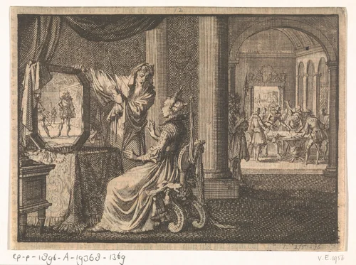Italiaanse tovenaar laat Catharina de' Medici in een spiegel de toekomst van haar zonen zien, ca. 1560 by Jan Luyken, print, 1698