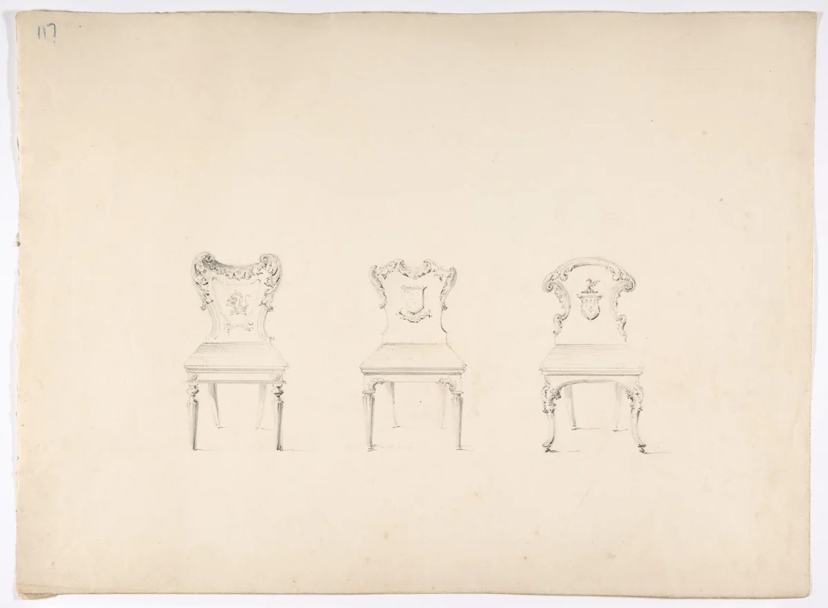 Design for Three Chairs with Armorial Ornament on Backs by anonymous, drawing, 1800-1850