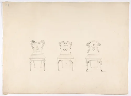 Design for Three Chairs with Armorial Ornament on Backs by anonymous, drawing, 1800-1850