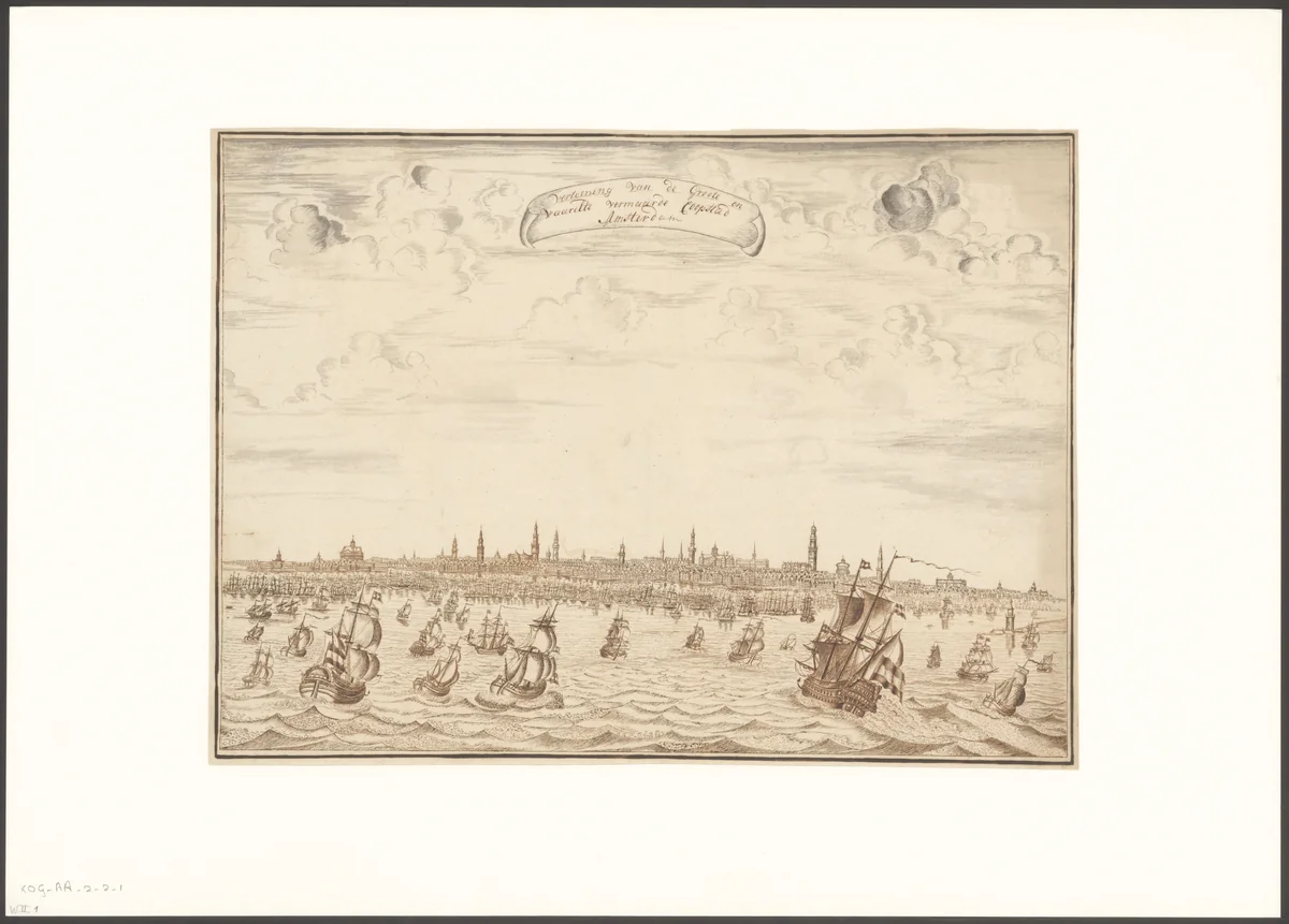 Gezicht op de stad Amsterdam vanaf het IJ by anonymous, drawing, 1650-1750