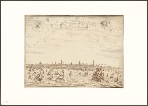 Gezicht op de stad Amsterdam vanaf het IJ by anonymous, drawing, 1650-1750