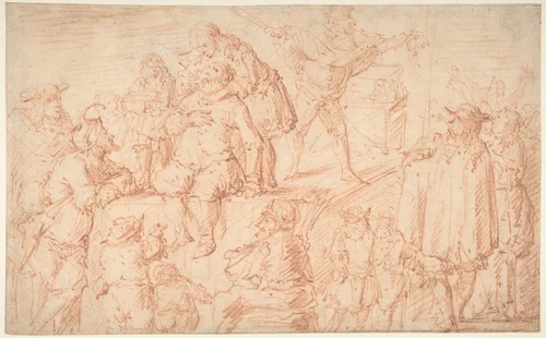 Italian Comedians Performing in a Public Square by Jacob Matthias Weyer, drawing, 1635-1691