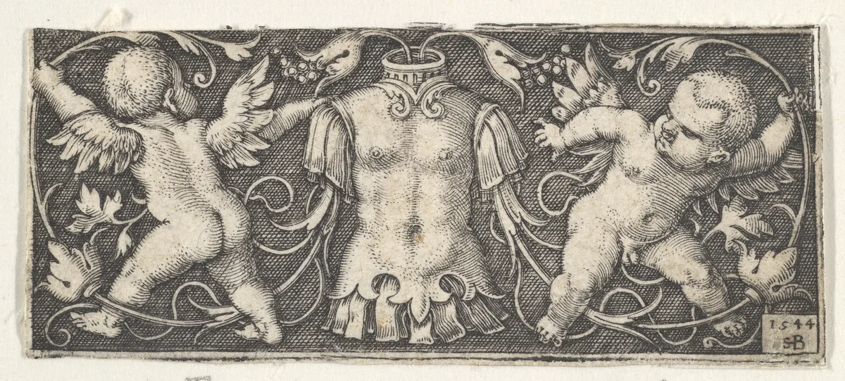 Horizontal Panel with Armor at Center, Flanked by Two Genii by Sebald Beham, print, 1544