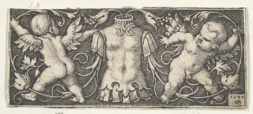 Horizontal Panel with Armor at Center, Flanked by Two Genii by Sebald Beham, print, 1544