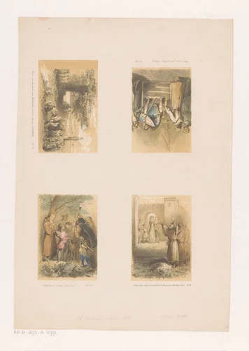 Monniken, een koning en figuren in landschappen by Charles Rochussen, print, 1824-1894