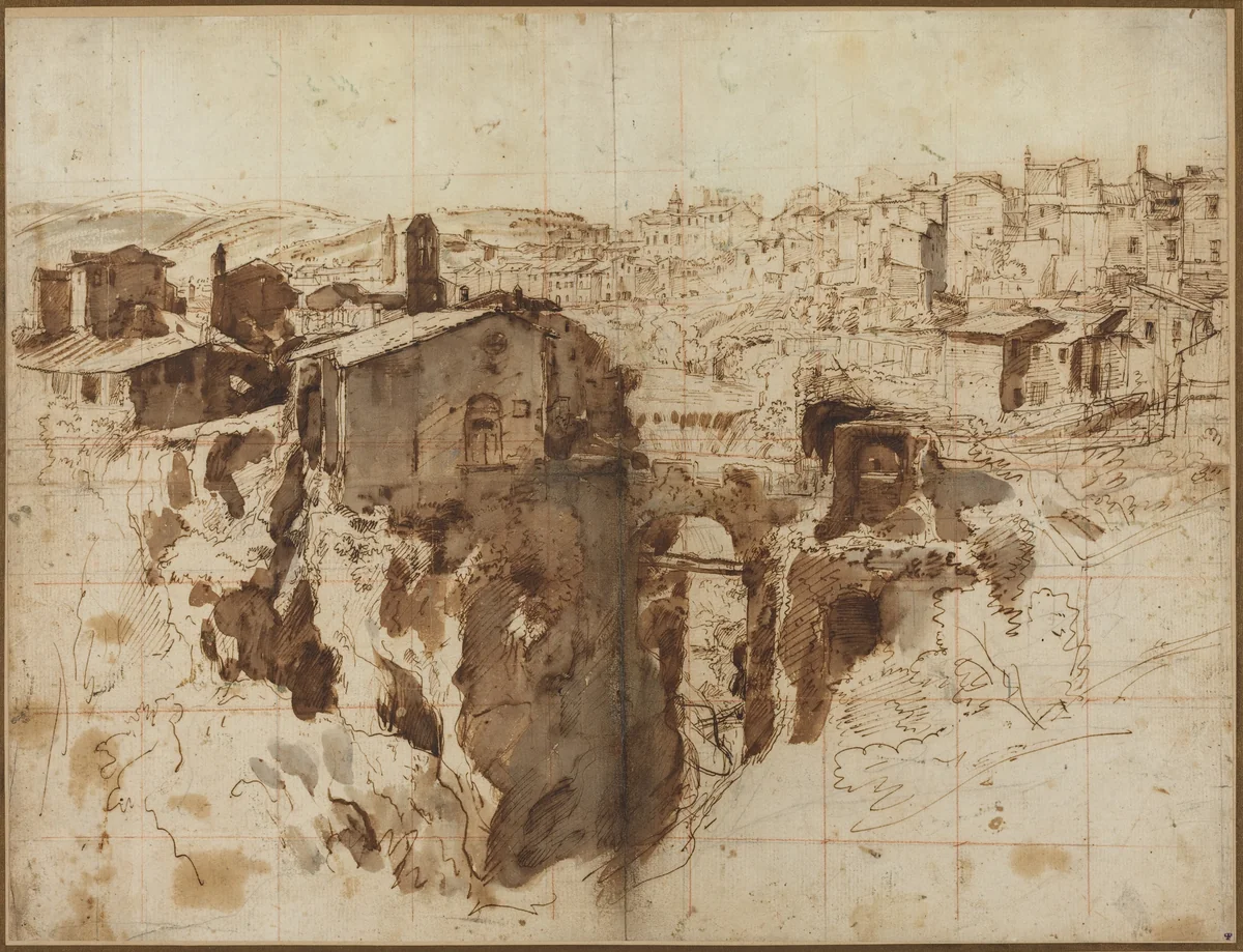 The Waterfall and Town of Tivoli by Gaspar van Wittel, drawing, 1652-1736