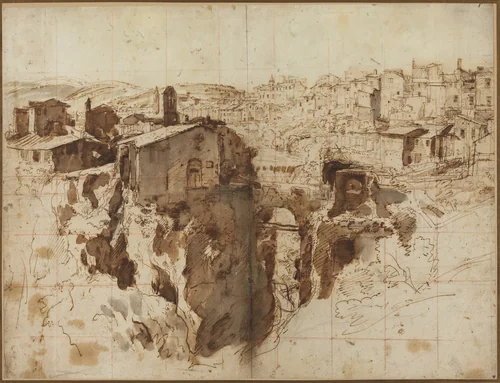The Waterfall and Town of Tivoli by Gaspar van Wittel, drawing, 1652-1736