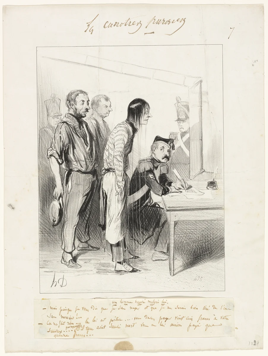 A Man Saved Against his Will, plate seven from Les Canotiers Parisiens by Honoré-Victorin Daumier, print, 1843