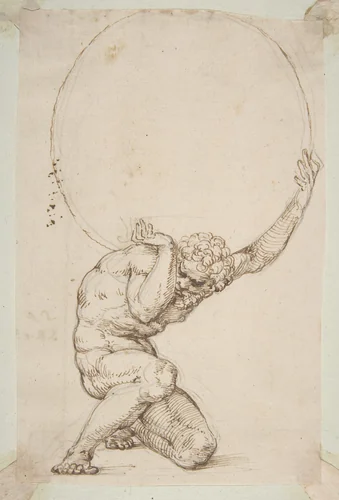 Crouching Figure of Atlas by Baldassarre Tommaso Peruzzi, drawing, 1481-1536