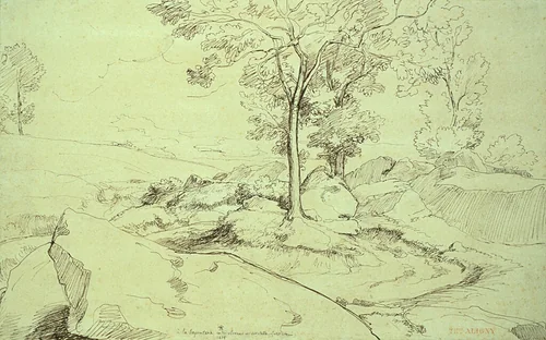 View of the Serpentara Between Olivano and Civitella by Théodore Caruelle d' Aligny, drawing, 1825