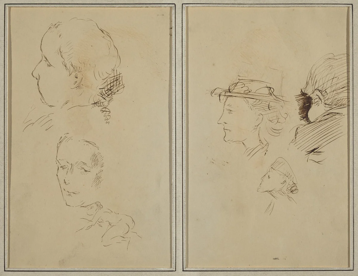 Two Head Studies and a Crouching Nude Woman; Two Women's Heads and a Head of Child [recto] by Paul Gauguin, drawing, 1884-1888